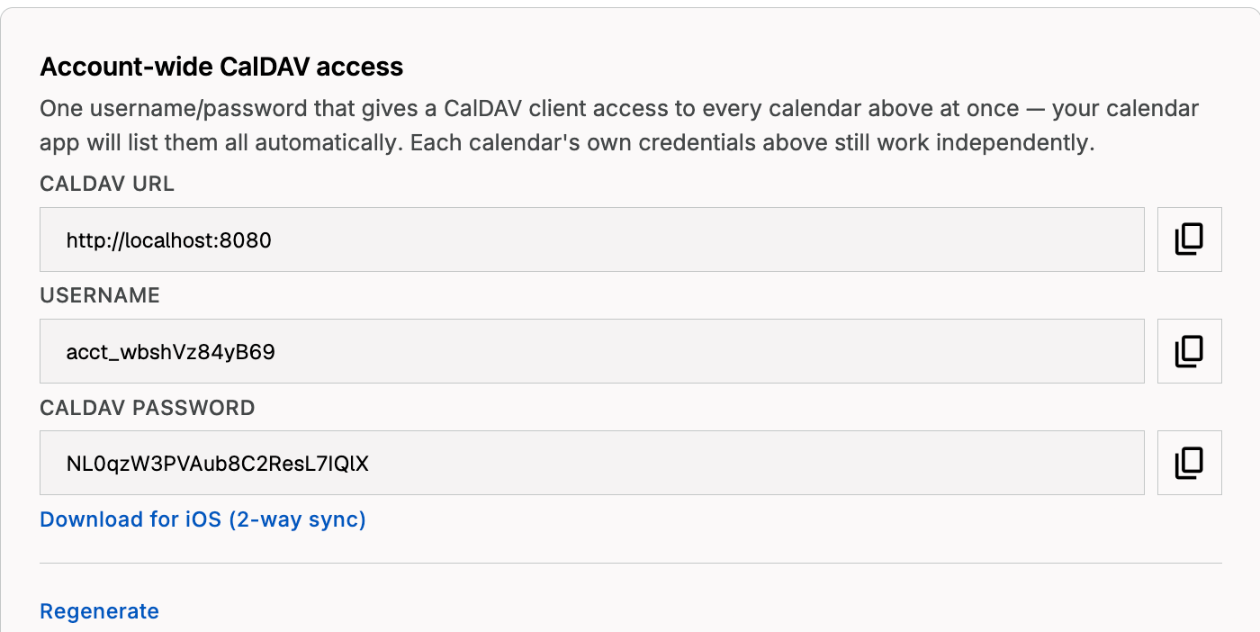 Account-wide CalDAV credentials revealed, with a Download for iOS link