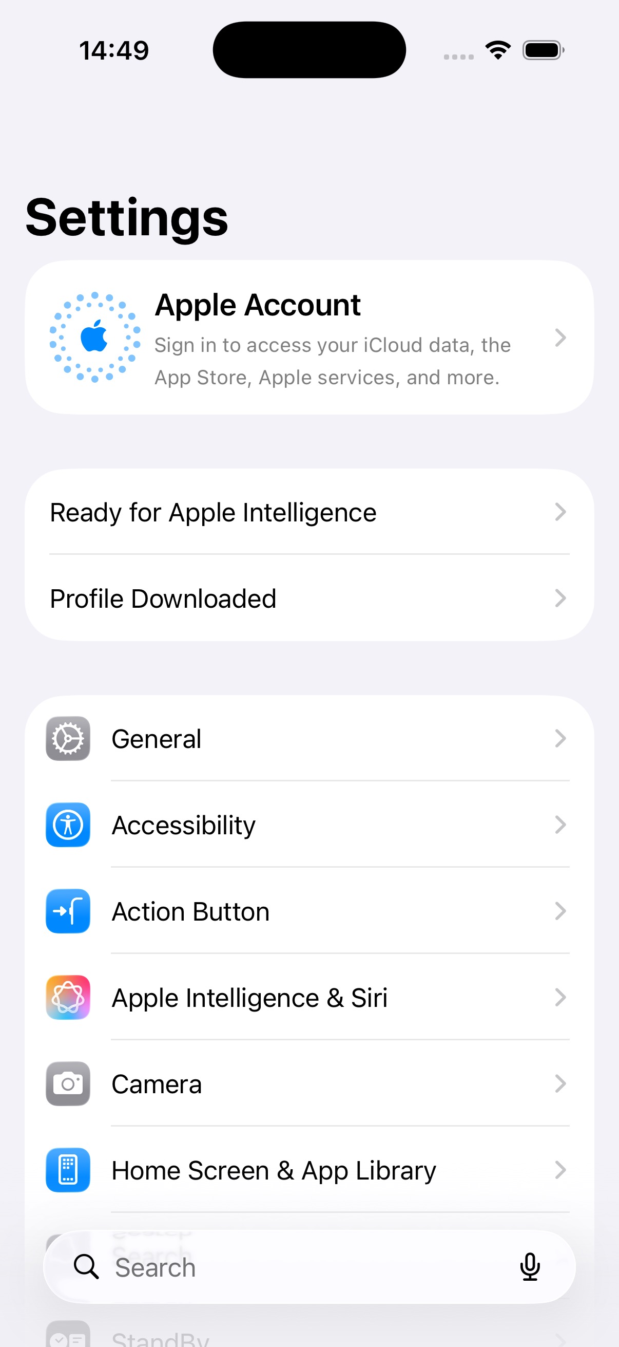 Settings showing the Profile Downloaded row
