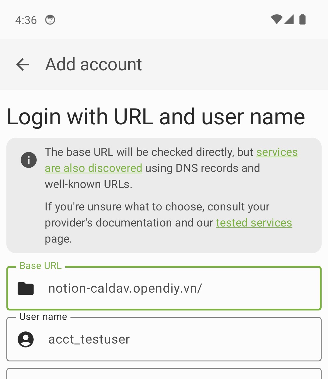 DAVx5 login screen with server and username pre-filled after scanning the QR code