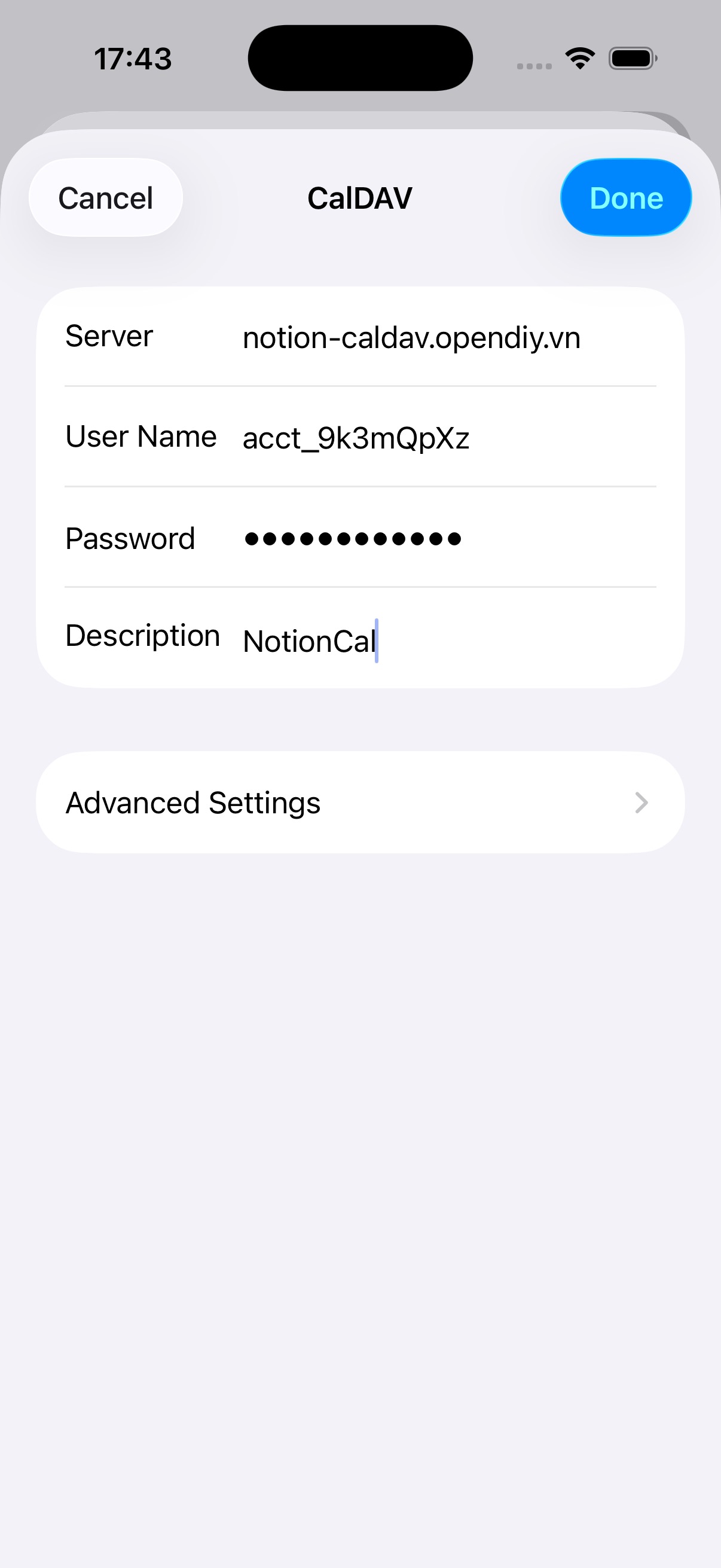 iOS manual CalDAV account form with server, username, password and description filled in